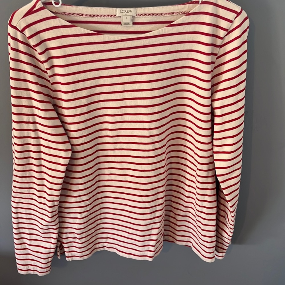 Jcrew boat neck, long sleeved red and white shirt, size medium